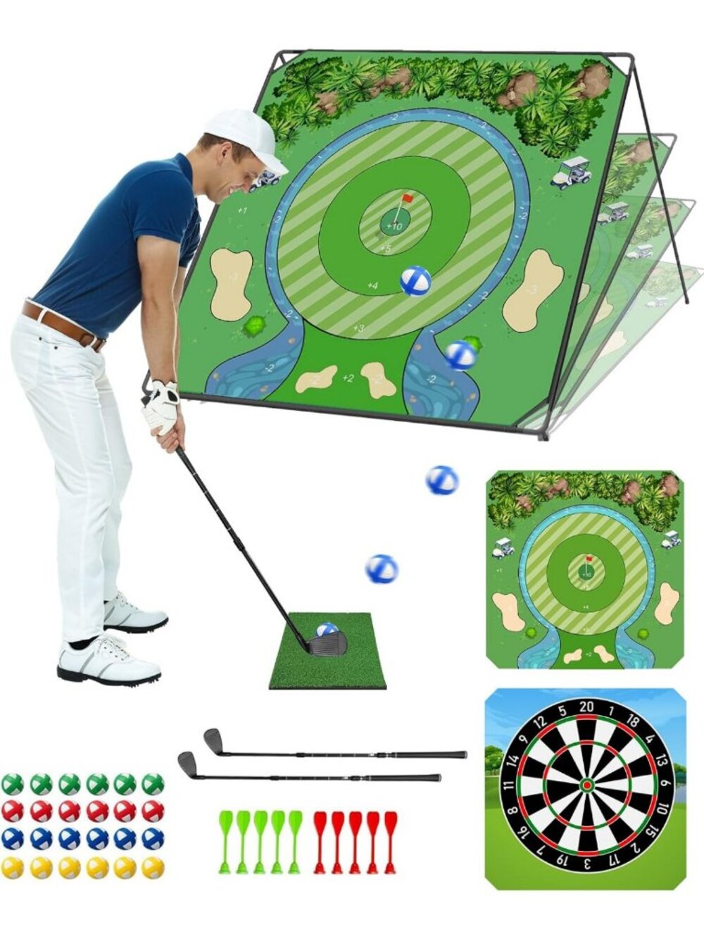 2-in-1 Golf Chipping Game Set - 70"x70" Double-Sided Practice Mat & 2 Clubs